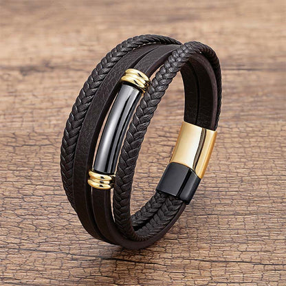 Buddha Stones Multi-layered Simple Design Leather Titanium Steel Balance Bracelet