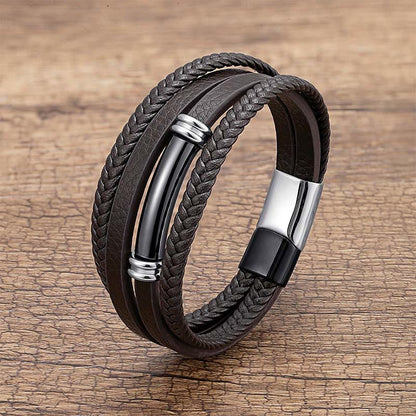 Buddha Stones Multi-layered Simple Design Leather Titanium Steel Balance Bracelet