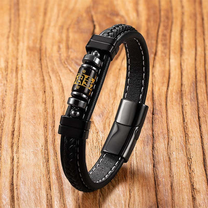 Buddha Stones Om Mani Padme Hum Dragon Symbol Black Onyx Leather Titanium Steel Balance Protection Bracelet