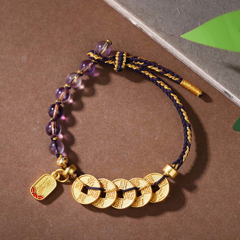 Buddha Stones Five-emperor Coins Copper Amethyst Cinnabar Black Red String Balance Attract Fortune Bracelet