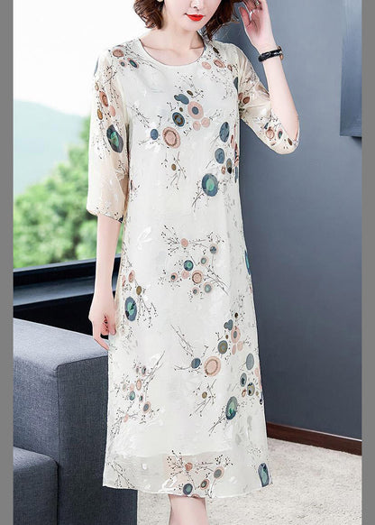 Loose White O-neck Print Silk Holiday Dress Half Sleeve