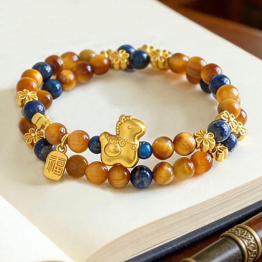 Buddha Stones Year of the Horse Fu Character Lazurite Lapis Lazuli Tiger Eye Serenity Double Wrap Bracelet