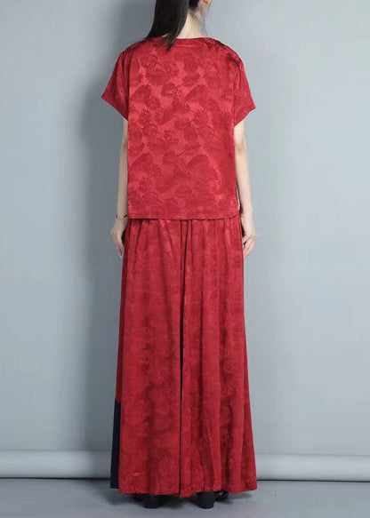 Red Embroidered Tops and Pants Silk Two Piece Set Summer