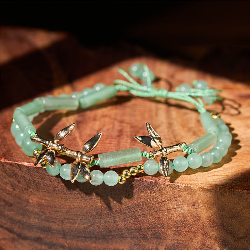 Buddha Stones Bamboo Design Double Layer Green Aventurine Strength Balance Bracelet