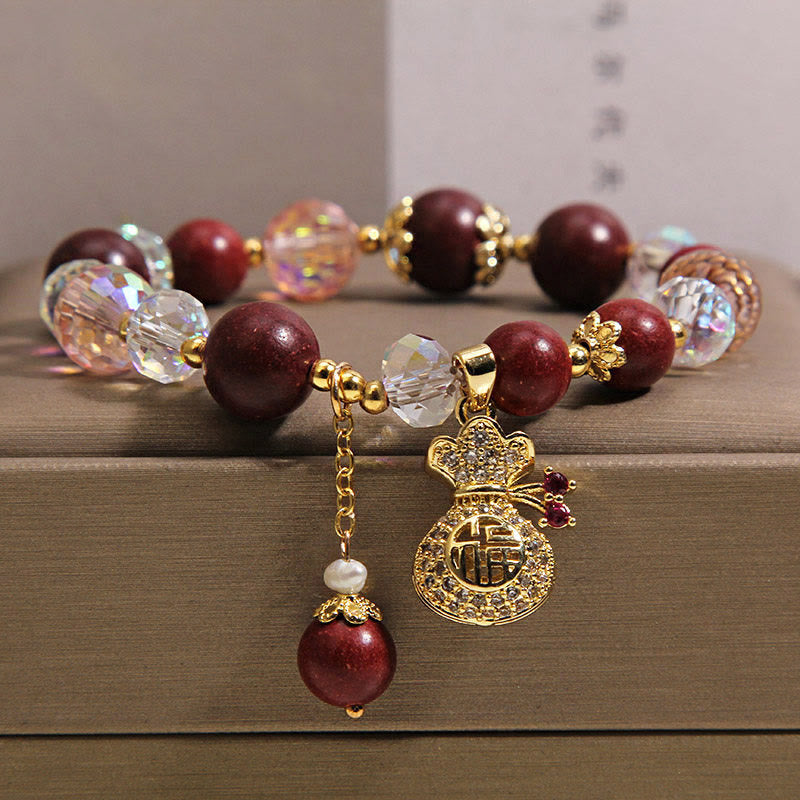 Buddha Stones Sandalwood Fu Character Lucky Fortune Money Bag Charm Protection Bracelet
