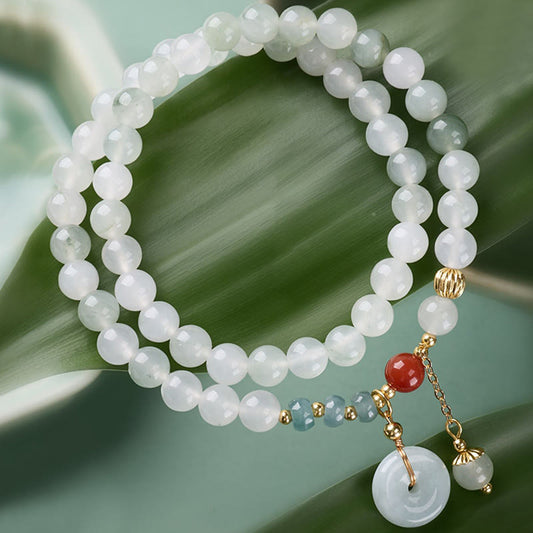 Buddha Stones Jade Peace Buckle Luck Abundance Double Wrap Bracelet