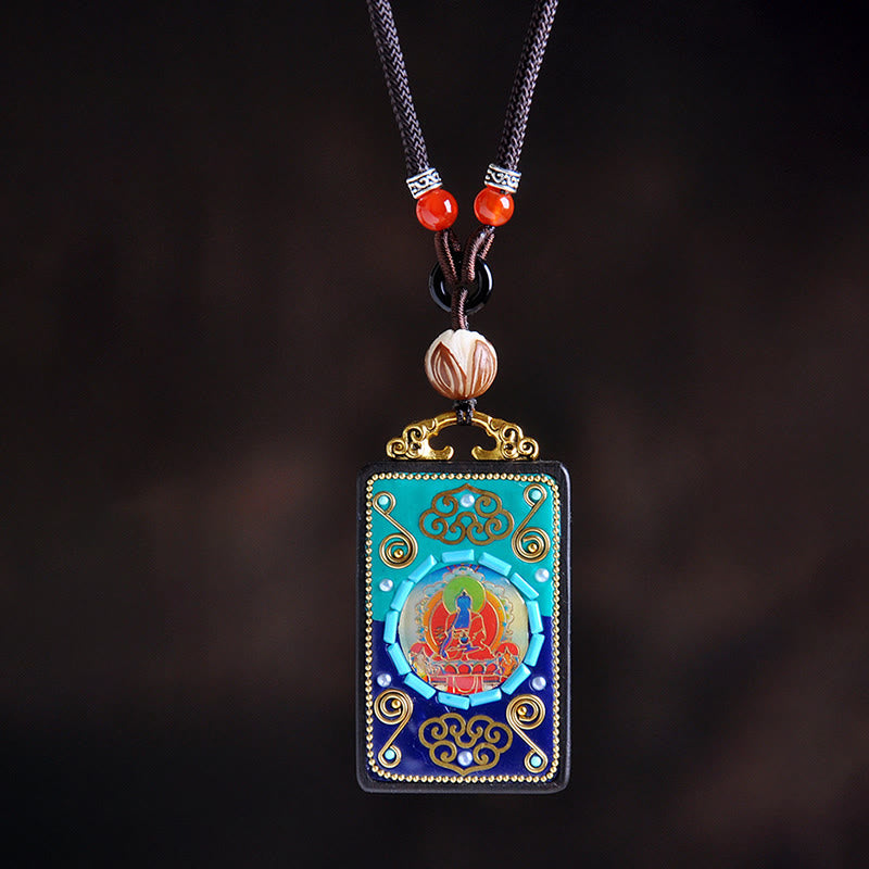 Buddha Stones Medicine Buddha Ebony Wood Peace Necklace Pendant