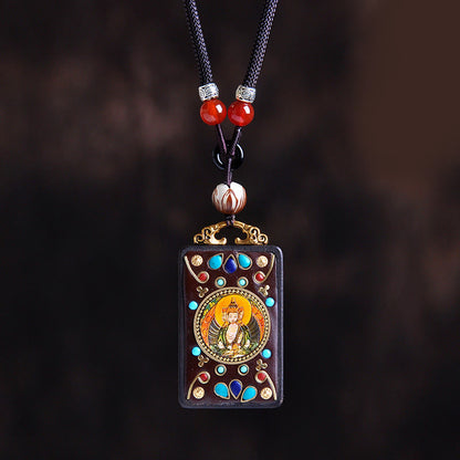 Buddha Stones Thangka Yin Yang Copper Coins Ebony Wood Zakiram Balance Pendant Necklace