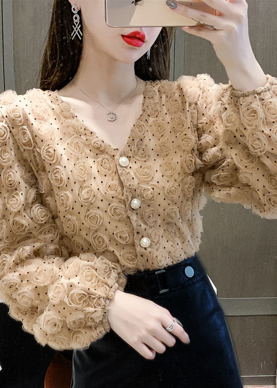 Chocolate Button Loose Tops V Neck Long Sleeve