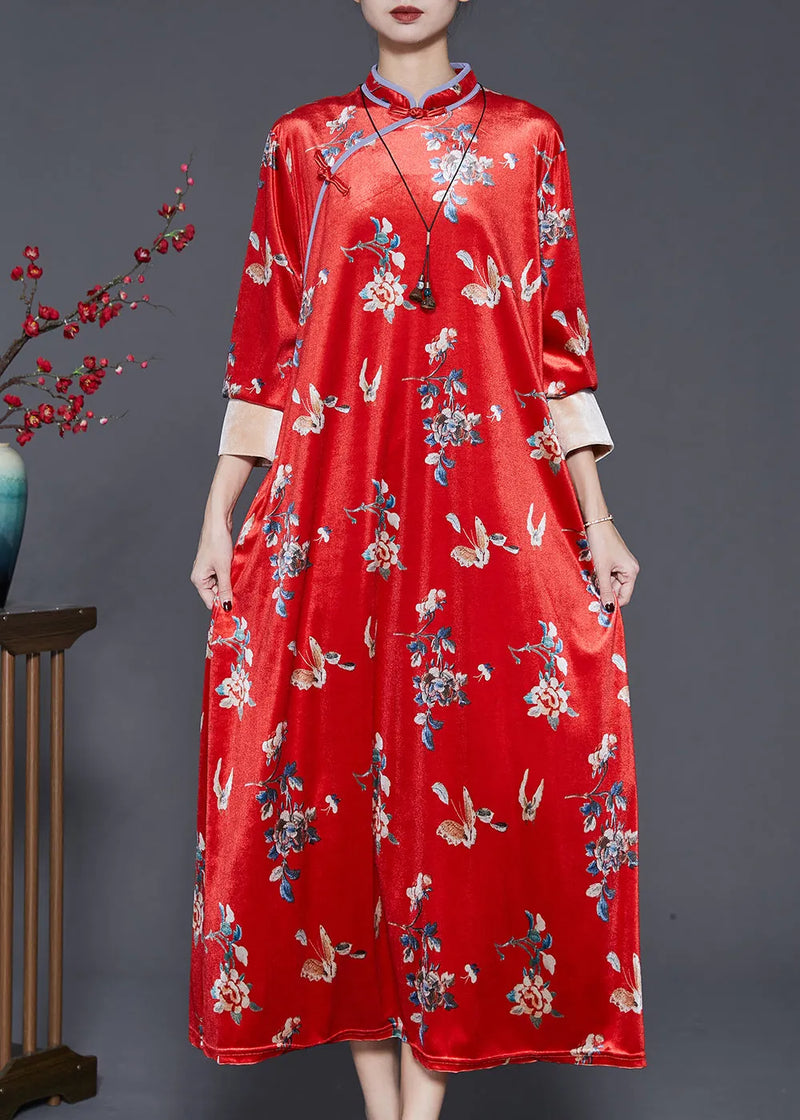 Mulberry Print Silk Velour Chinese Style Dresses Spring