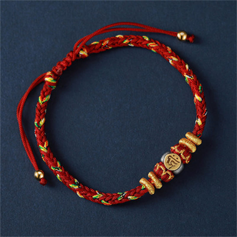 Buddha Stones Chinese Zodiac Natal Buddha Silver Luck Braided String Bracelet
