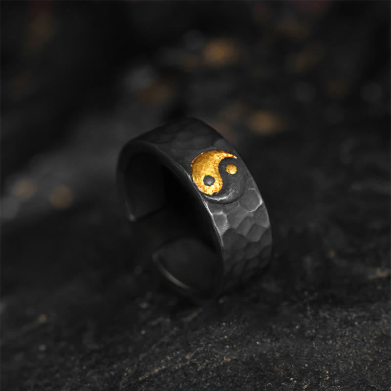 Buddha Stones Handmade 999 Sterling Silver 999 Gold Yin Yang Textured Balance Ring