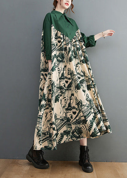 Black Peter Pan Collar Print Patchwork Button Maxi Dress Long Sleeve