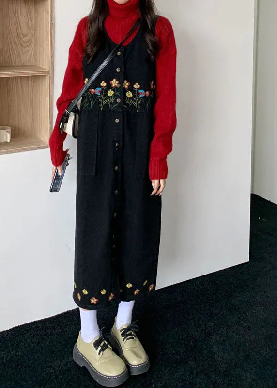Black Slash Neck Embroideried Patchwork Button Denim Maxi Dress Sleeveless