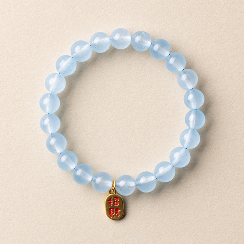 Buddha Stones Natural Aquamarine Fu Character Lucky Fortune Healing Bracelet