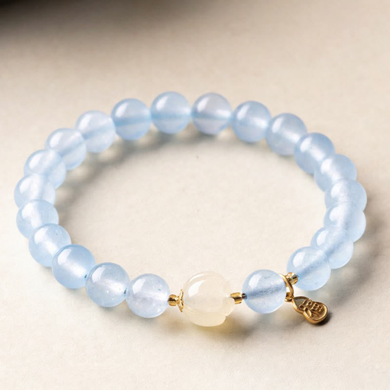 Buddha Stones Natural Aquamarine Fu Character Lucky Fortune Healing Bracelet