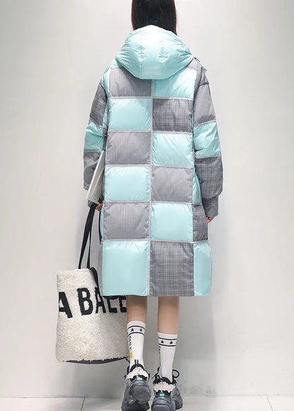 Original Pink Hooded Plaid Patchwork Duck Down Down Coat Winter