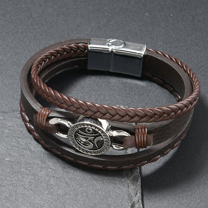 Buddha Stones Om Round Engraved Multilayered Braided Retro Leather Bracelet