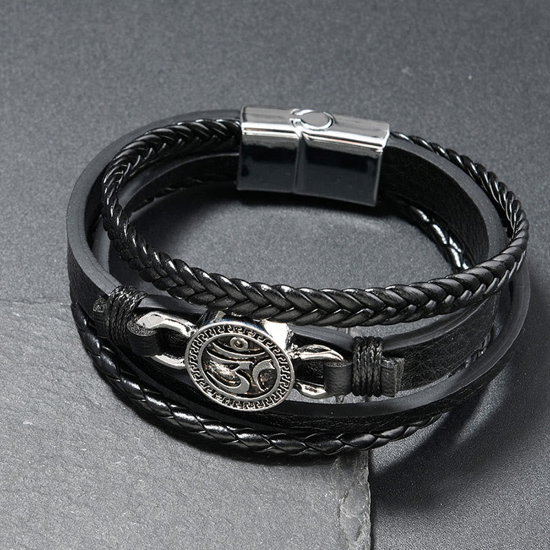 Buddha Stones Om Round Engraved Multilayered Braided Retro Leather Bracelet