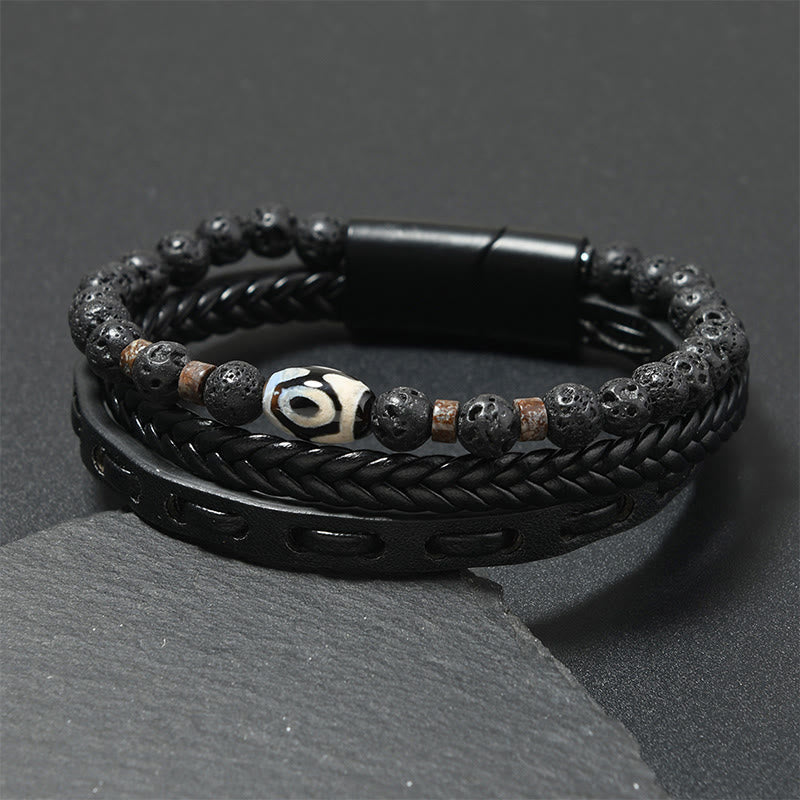 Buddha Stones Dzi Bead Lava Rock Multilayered Braided Leather Wealth Bracelet