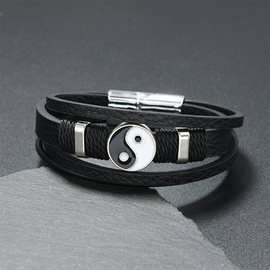 Buddha Stones Black White Yin Yang Multilayered Leather Balance Bracelet