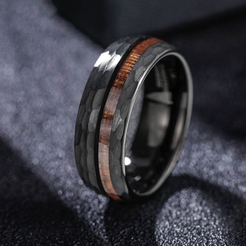 Buddha Stones Hammered Texture Inlay Tungsten Steel Endurance Ring