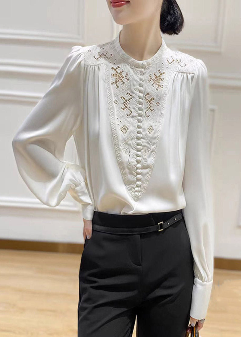 White O-neck Embroideried Silk Shirt Long Sleeve