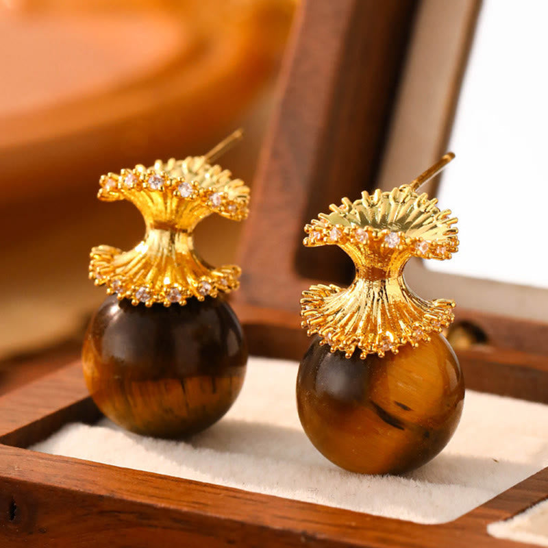 Buddha Stones Tiger Eye Round Bead Fish Tail Irregular Design Protection Earrings