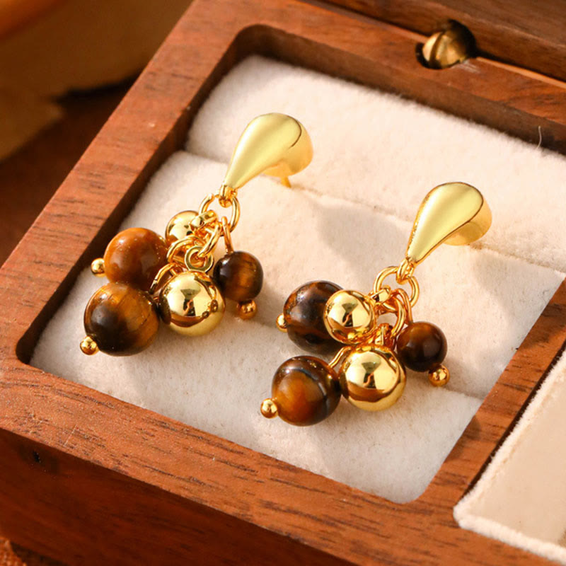 Buddha Stones Tiger Eye Round Bead Fish Tail Irregular Design Protection Earrings