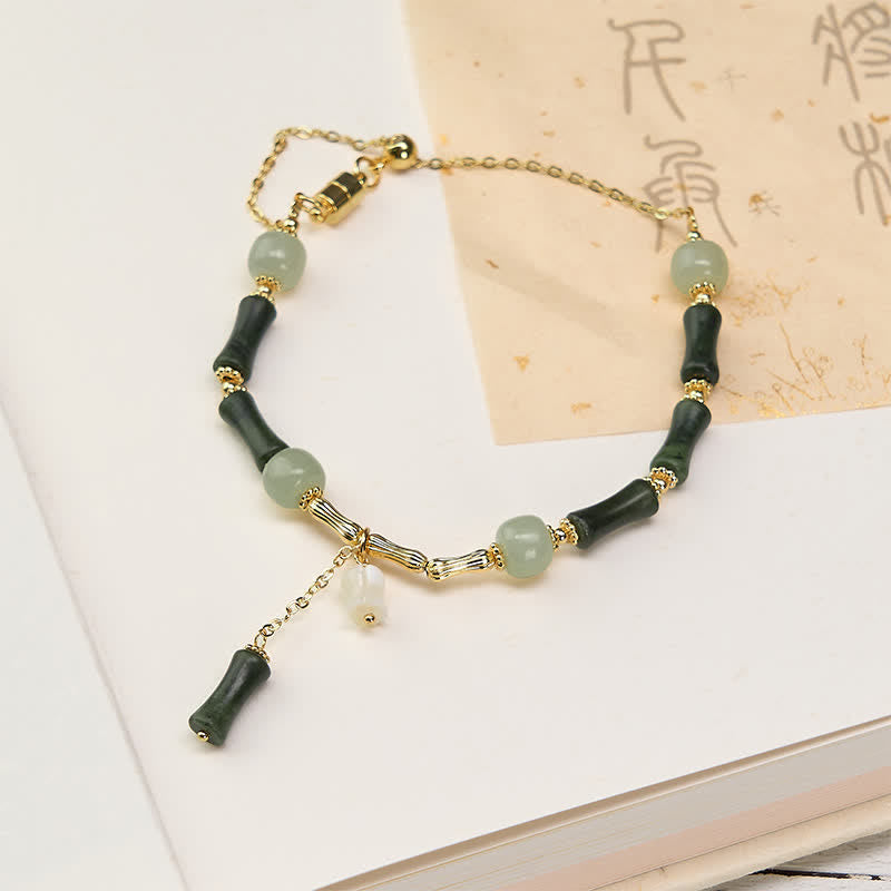 Buddha Stones Hetian Jade Peridot Bamboo Lily of the Valley Wealth Faithfulness Adjustable Bracelet