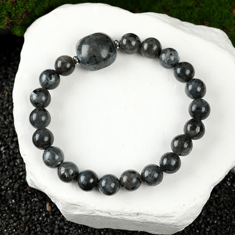 Buddha Stones Cat Design Blue Lace Agate Clear Quartz Beaded Bracelet