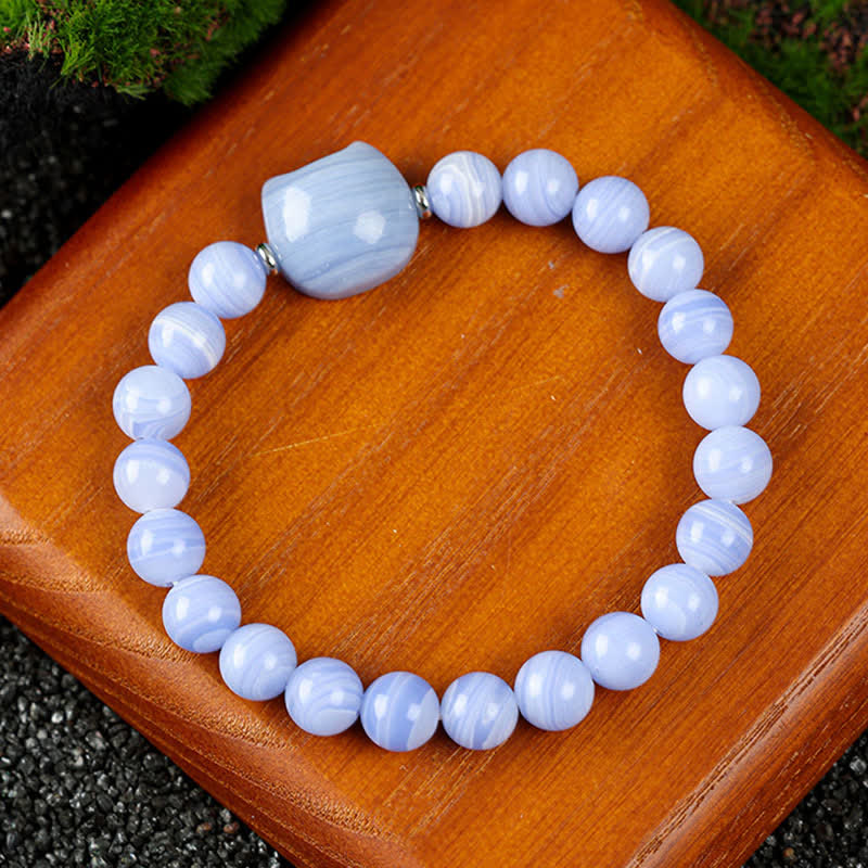 Buddha Stones Cat Design Blue Lace Agate Clear Quartz Beaded Bracelet