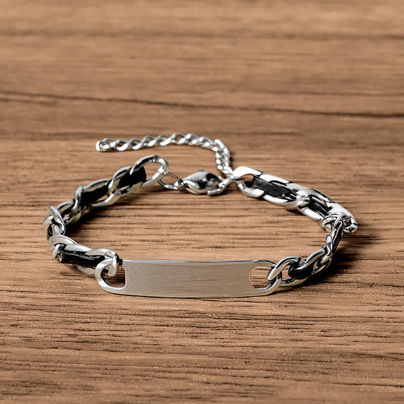 Buddha Stones Chain Leather Inlay Bar Plate Braided Leather Strengthen Cuban Bracelet