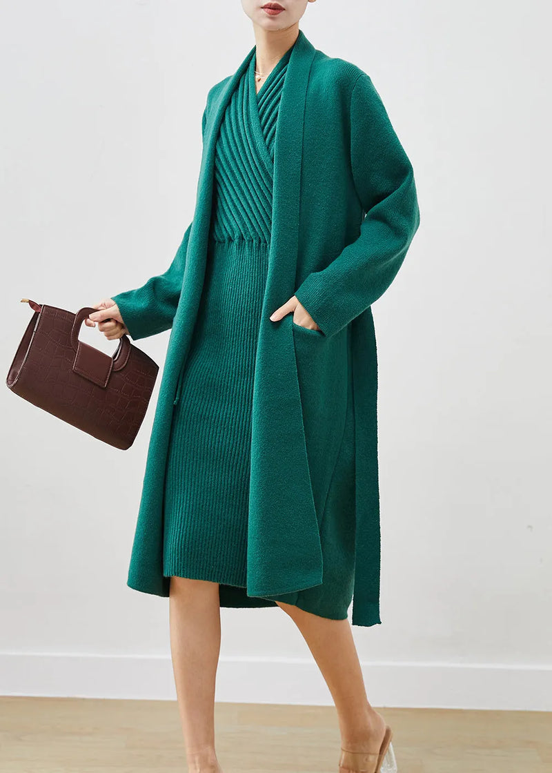 Blackish Green V Neck Thick Knit Sets 2 Pieces Winter