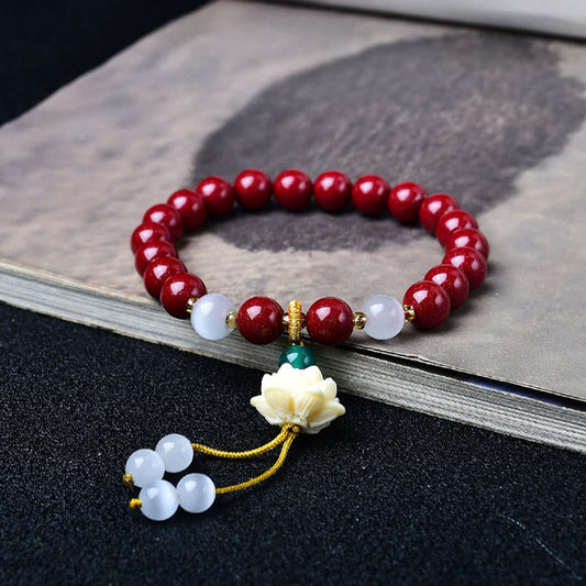 Buddha Stones Natural Cinnabar Cat's Eye Ivory Fruit Lotus Charm Blessing Bracelet