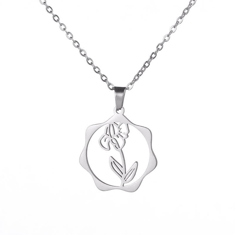 Buddha Stones Titanium Steel Birth Flower Lotus Enlightenment Pendant Necklace