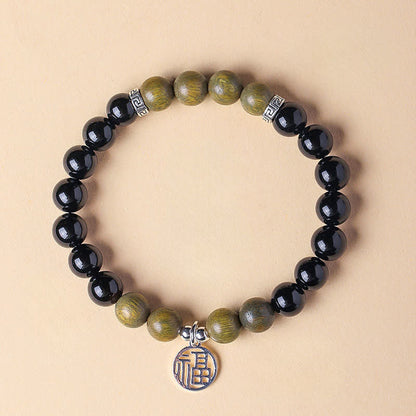Buddha Stones Black Onyx Fu Character Beaded Luck Bracelet