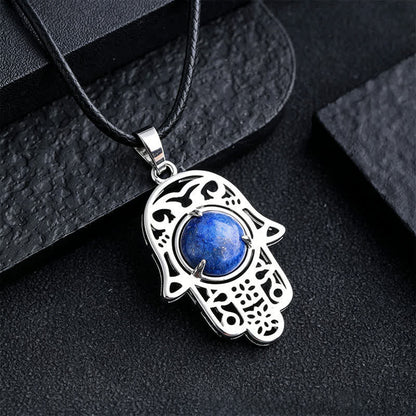 Buddha Stones Natural Black Obsidian Hamsa Palm Inlay Crystal Strength Necklace