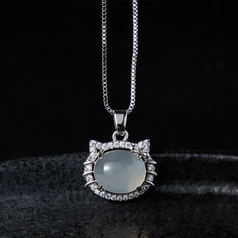 Buddha Stones Natural Chalcedony Cat Head Positive Necklace