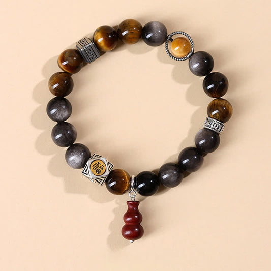 Buddha Stones Silver Sheen Obsidian Grounding Fu Character Gourd Bracelet