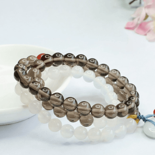 Buddha Stones Ice Obsidian and White Chalcedony Peace Buckle Serenity Multi Wrap Bracelet
