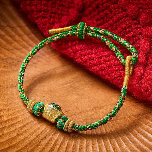 Buddha Stones Five Color Hand Woven Green String Green Ingots and Plum Blossom Amulets Protection Adjustable Bracelet