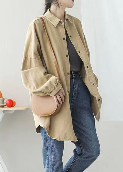 Khaki Peter Pan Collar Pockets Button Mid Coat Lantern Sleeve