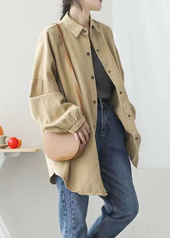 Khaki Peter Pan Collar Pockets Button Mid Coat Lantern Sleeve