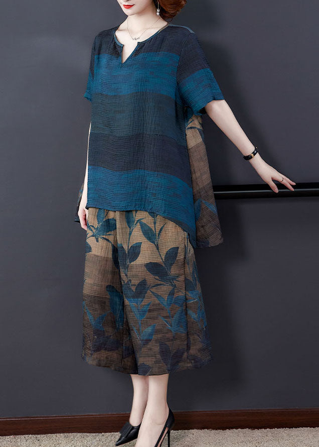 Blue Print Silk Top and Crop Pant Two-piece Set Low High Design Summer