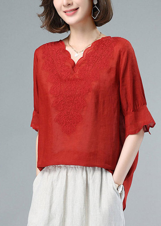 Red V Neck Embroideried Patchwork Linen Tops Summer