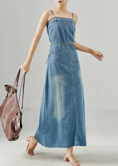 Blue Silm Fit Denim Spaghetti Strap Dress Summer