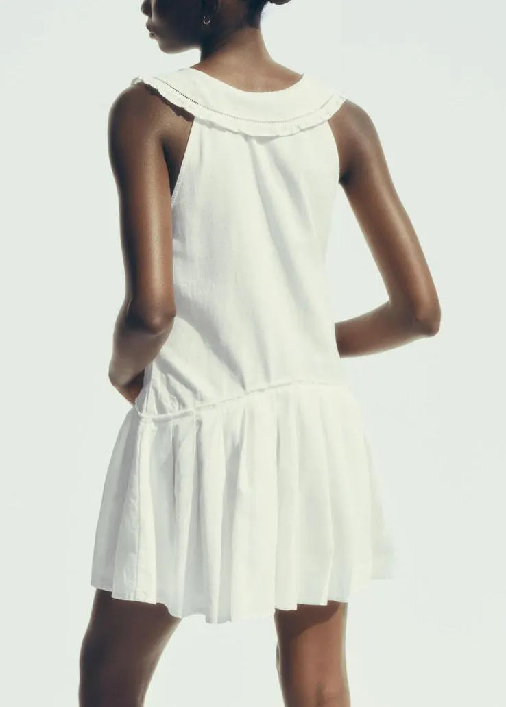French White Peter Pan Collar Hollow Out Cotton Mid Dress Sleeveless