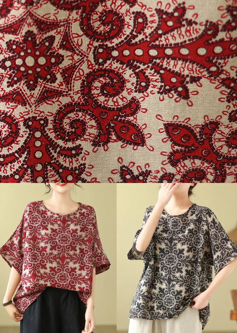 Natural Red Print Loose T Shirts Short Sleeve