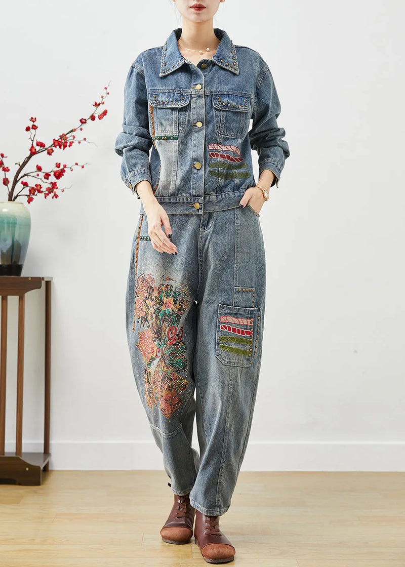 Art Blue Embroideried Print Rivet Denim Two Pieces Set Fall